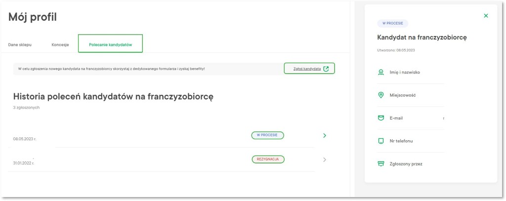 Widok panelu partnera: zakładka polecanie kandydatów na franczyzobiorcę i historia zgłoszeń